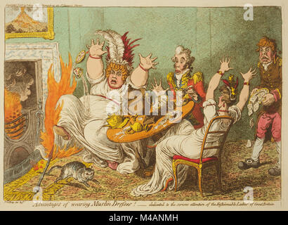 Avantages de porter des robes de mousseline ! Par James Gillray publié 1802. Une grosse femme, assise avec un homme et femme à une table de thé, réagit avec horreur le sex poker dans le feu tombe sur sa robe et met le feu. L'homme est assis, impuissant, tandis que la deuxième femme bouleverse le tableau dans son réveil. Un majordome, entrant dans la chambre, gouttes une assiette de muffins, et un chat gambade loin de l'incendie. Une peinture de Mt. Vésuve plane au-dessus de la cheminée. Banque D'Images