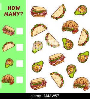Compter jeu éducatif pour les enfants. L'activité mathématique vecteur alimentaire avec illustrations. Illustration de Vecteur