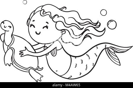 Mermaid et contour de la tortue l'illustration. Livre de coloriage vecteur page. Illustration de Vecteur