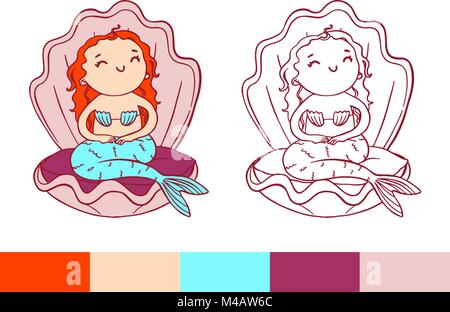 Page à colorier. Cute cheerful mermaid in pink shell. Illustration de Vecteur