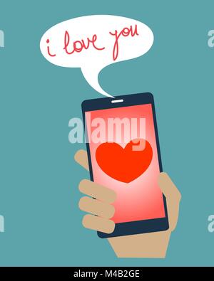 Main tenant un téléphone mobile et l'envoi d'un message d'amour coeur et je vous aime. Illustration de Vecteur