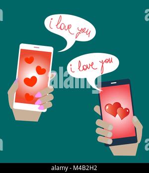 Les hommes et les mains tenant un téléphone mobile et l'envoi de messages d'amour. Illustration de Vecteur