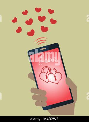Envoi de téléphone mobile coeurs Valentines Illustration de Vecteur