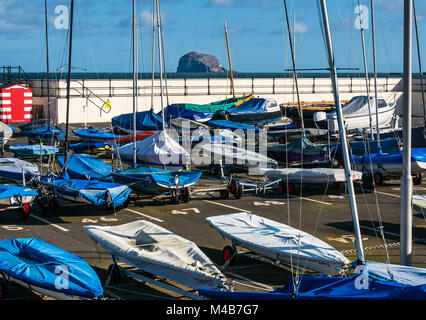 Yacht Club de North Berwick couverts bateaux dans port avec mâts, Bass Rock et le phare à l'horizon, Ecosse, Royaume-Uni Banque D'Images