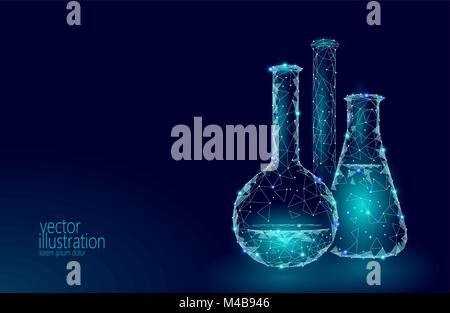 La science poly faible des flacons de verre chimique. L'équipement magique triangle polygonale rougeoyant bleu technologie de l'avenir de la recherche en médecine d'entreprise concept vector illustration Illustration de Vecteur