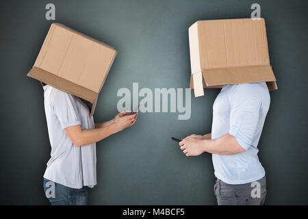 Couple couvrant leurs têtes avec boîte en carton Using Cellphone Banque D'Images