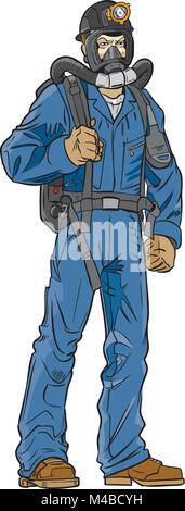 Vector cartoon clip art illustration d'une mine de charbon sauveteur en uniforme avec l'équipement. Illustration de Vecteur