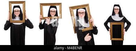 Jeune moniale avec frame isolated on white Banque D'Images