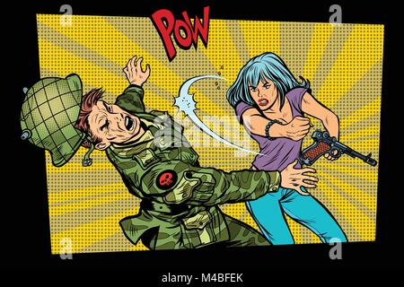 Femme vs homme. Le soldat militaire civile envahisseur. Lutte pour la paix. Protestation contre l'occupant. Pop art retro vector illustration comic cartoon Illustration de Vecteur