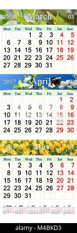 Calendrier de Mars Avril et mai 2017 avec le printemps images Banque D'Images