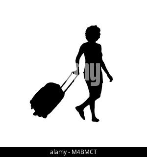 Femme avec bagages Silhouette isolated on White Banque D'Images