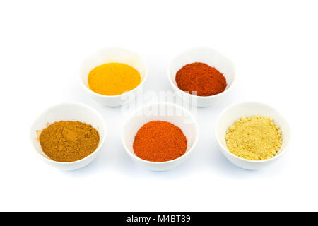 Bols en porcelaine avec plusieurs épices assaisonnements sur fond blanc Banque D'Images