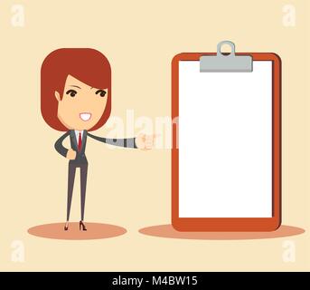 Full Length portrait of smiling business woman pointing sur presse-papiers vierges Illustration de Vecteur