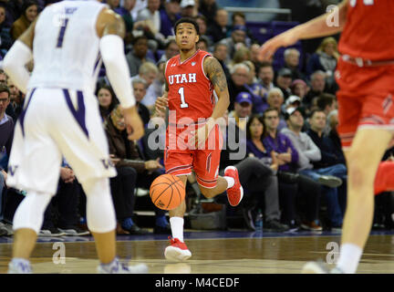 Seattle, WA, USA. Feb 15, 2018. Utah guard Justin Bibbins (1) au cours d'un CIP12 jeu de basket-ball entre l'Université de Washington et l'Université de l'Utah. Le jeu a été joué à Hec Ed Pavilion à Seattle, WA. Jeff Halstead/CSM/Alamy Live News Banque D'Images