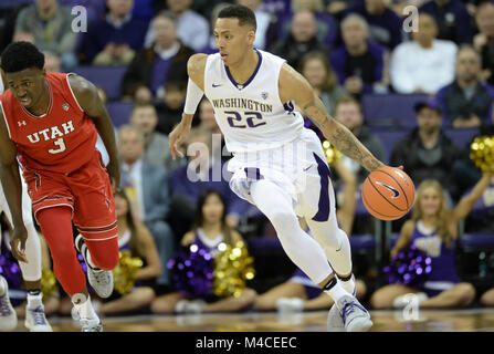 Seattle, WA, USA. Feb 15, 2018. UW guard Dominic Green (22) en action lors d'un CIP12 jeu de basket-ball entre l'Université de Washington et l'Université de l'Utah. Le jeu a été joué à Hec Ed Pavilion à Seattle, WA. Jeff Halstead/CSM/Alamy Live News Banque D'Images