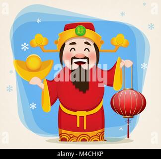 Dieu chinois de la richesse traditionnelle tenant la lanterne. Le Nouvel An chinois 2018 carte de vœux. Vector illustration. Hiéroglyphe sur hat signifie la prospérité. Illustration de Vecteur