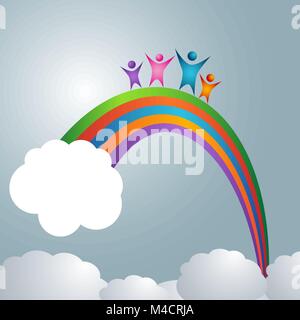 L'image d'une famille se tenant debout sur un arc-en-ciel. Illustration de Vecteur