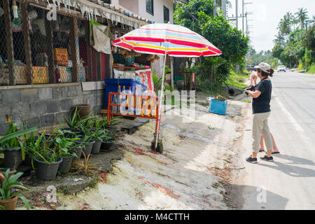 KO Samui, Thaïlande - janvier 25, 2018 ; deux touristes passent typiquement asiatique petite entreprise routière avec blocage de rack bouteilles d'essence à vendre à l'extérieur Banque D'Images