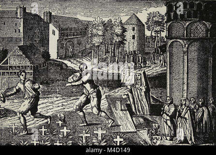 Cotillion fantôme de l'âme des victimes de la mort noire qui ont été enterrées vivantes, 1347. Gravure allemande, 1604. Banque D'Images