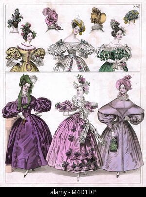 Victorian Lady's Fashion Imprimer - robe femme - jupe cerceau & Bonnets Banque D'Images