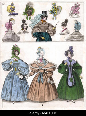 Victorian Lady's Fashion Imprimer - robe femme - jupe cerceau & Bonnets Banque D'Images