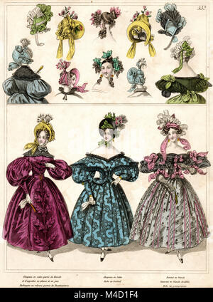 Victorian Lady's Fashion Imprimer - robe femme - jupe cerceau & Bonnets Banque D'Images