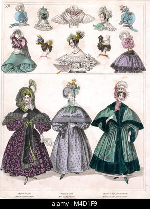 Victorian Lady's Fashion Imprimer - robe femme - jupe cerceau & Bonnets Banque D'Images