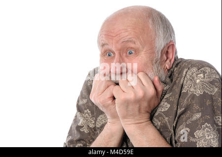 Man avec grimace de peur, isolated on white Banque D'Images