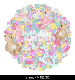Dessin Pastel doodles vector illustration jouet bébé. Série photo avec beaucoup d'ours, lapin, Cheval à bascule, blocs de jouets, des balles et des lettres. Tous les Illustration de Vecteur