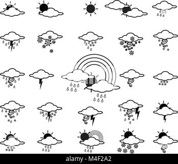 Belle saison icons set,l'hiver, les pluies, grêlon, arc-en-ciel, la neige, la foudre, le tonnerre, tempête, brouillard, soleil, les phénomènes naturels Illustration de Vecteur