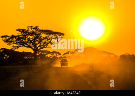 Jeep safari à travers la savane au coucher du soleil Banque D'Images