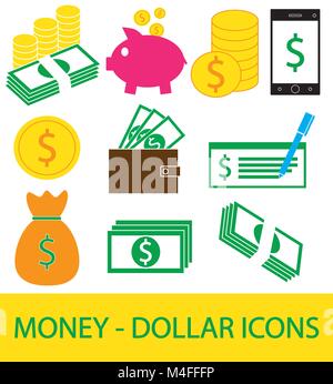Définir, de collecte ou de Monnaie Dollar pack logo ou icône vecteur. Pièces de monnaie, des notes ou factures, téléphone cellulaire ou mobile, un portefeuille ou un chèque. Symbole pour United States Illustration de Vecteur