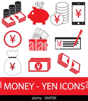 Définir, de collecte ou de pack, Yen Yuan ou Renminbi currency icône ou logo. Pièces de monnaie, des notes ou factures, téléphone cellulaire ou mobile ou par chèque. Symbole pour le japonais ou C Illustration de Vecteur