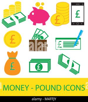Définir, de la collecte ou de l'icône livre service pack ou le logo. Pièces de monnaie, des notes ou factures, téléphone cellulaire ou mobile, un portefeuille ou un chèque. Symbole pour Royaume-Uni ou le Gre Illustration de Vecteur
