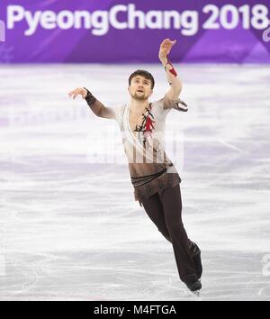 Pyeongchang, Corée du Sud. 16 Février, 2018. Misha ge de l'Ouzbékistan est en concurrence au cours de l'unique pour hommes programme court de patinage artistique à l'occasion des Jeux Olympiques d'hiver de PyeongChang 2018, à Gangneung Ice Arena, de Corée du Sud, le 16 février 2018. Credit : Wang Song/Xinhua/Alamy Live News Banque D'Images