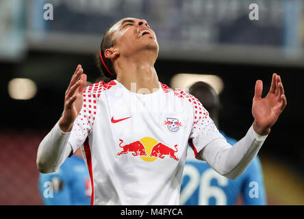 Naples, Italie. Feb 15, 2018. Yussuf Leipzig Poulsen réagit au cours de l'UEFA Europa League match de football SSC Naples vs RB Leipzig en Naples, Italie, 15 février 2018. Crédit : Jan Woitas/dpa-Zentralbild/dpa/Alamy Live News Banque D'Images