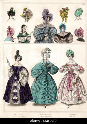 Victorian Lady's Fashion Imprimer - robe femme - jupe cerceau & Bonnets Banque D'Images