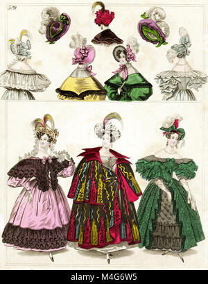 Victorian Lady's Fashion Imprimer - robe femme - jupe cerceau & Bonnets Banque D'Images