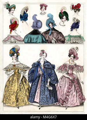 Victorian Lady's Fashion Imprimer - robe femme - jupe cerceau & Bonnets Banque D'Images