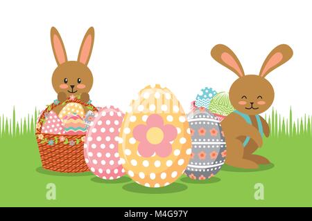 Le lapin brun avec des paniers et des oeufs décoration sur meadow Illustration de Vecteur
