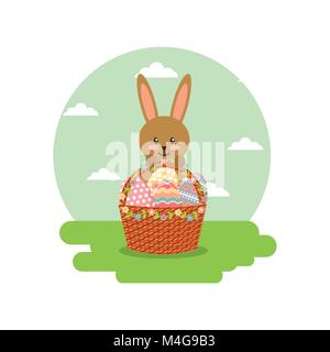 Panier Oeufs Lapin est titulaire floral décoration dans le champ du paysage Illustration de Vecteur