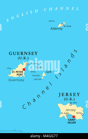 Guernesey et Jersey, une carte politique, avec les capitales. Channel Islands. Dépendances de la Couronne. Dans l'archipel de la Manche, au large des côtes françaises. Banque D'Images