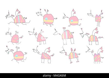 Troupeau de licornes Roses - Doodle Vector Illustration Illustration de Vecteur