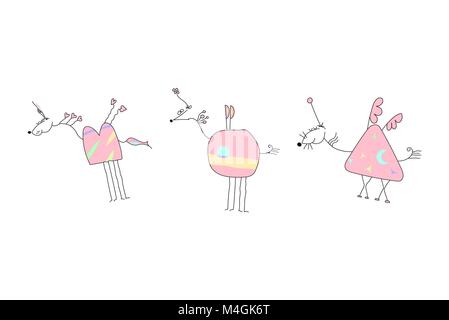 Troupeau de licornes Roses - Doodle Vector Illustration Illustration de Vecteur