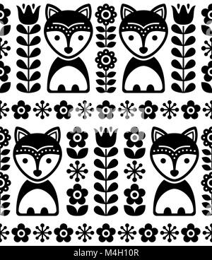 Modèle vectoriel continu scandinaves en noir et blanc, fond nordique avec les renards et de fleurs Illustration de Vecteur