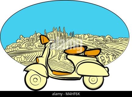 Icône de voyage vignoble avec scooter. Esquisses dessinées à la main dans de belles couleurs et contours. Vector illustration moderne. Illustration de Vecteur