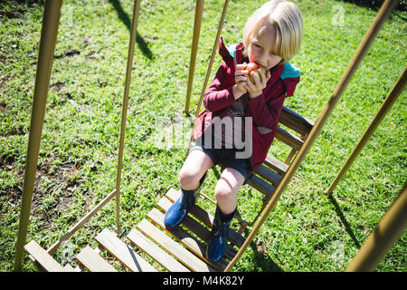 Boy relaxing in swing sur une journée ensoleillée Banque D'Images