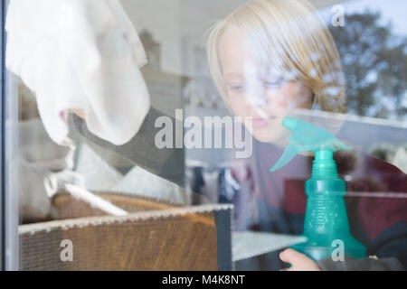 Garçon avec fenêtre nettoyage chiffon rag Banque D'Images