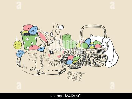 Carte de souhaits.panier en osier avec des oeufs. Vector illustration Illustration de Vecteur