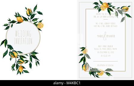 Cartes d'invitation de mariage avec branches citron Illustration de Vecteur
